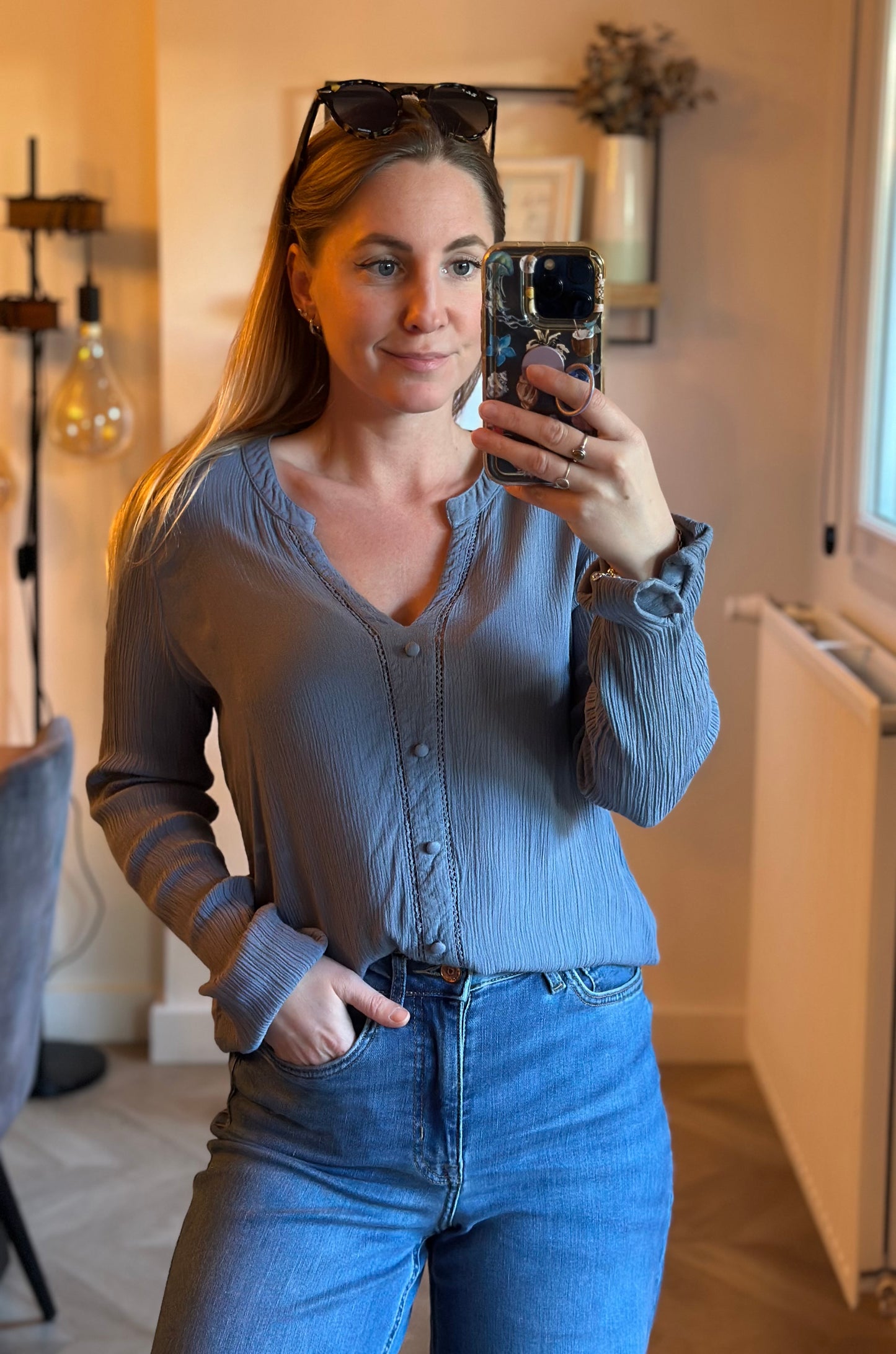 Blouse fluide bleue texturée T.36