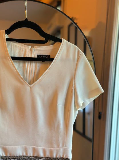 Robe droite bi-matière Caroll Paris blanche et tweed beige T.34