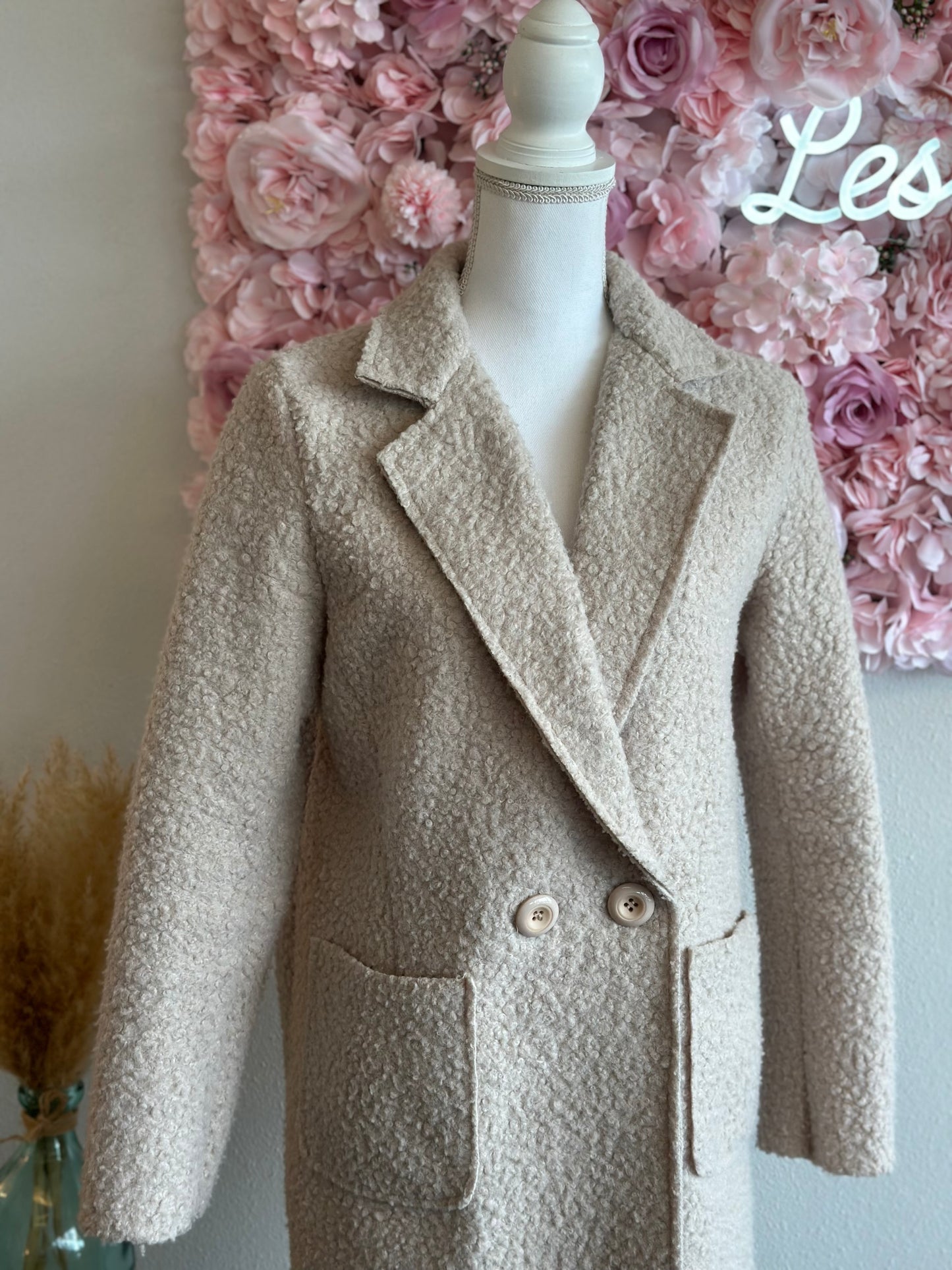 Manteau en bouclette teddy mi-long, couleur crème, T.36/38