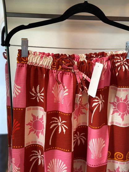 Pantalon d’été jambes larges, imprimé palmiers rose neuf T.U