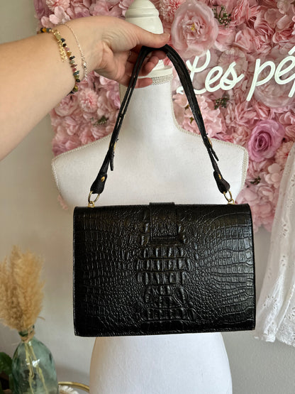 Sac porté épaule ou à main en cuir croco vintage, fabriqué en France