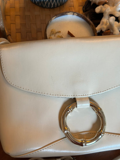 Sac bandoulière en cuir blanc crème cercle argenté – Vintage Made in France