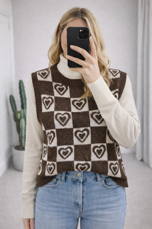 Pull sans manches à carreaux cœur T.36