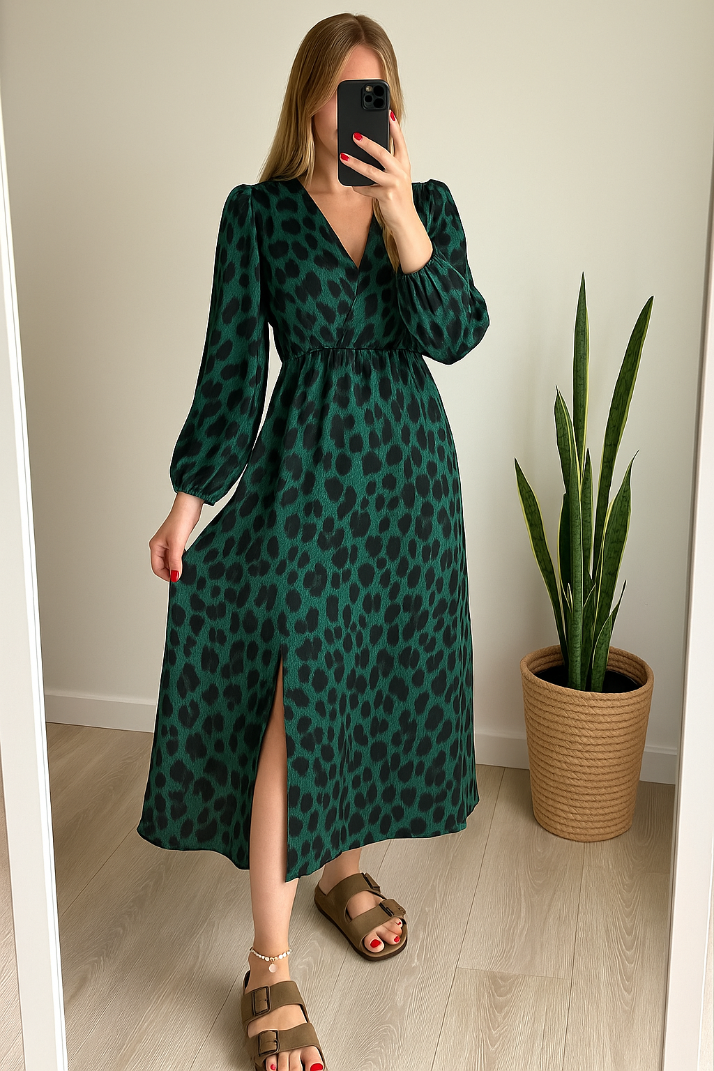 Robe longue imprimé léopard vert et noir T.36