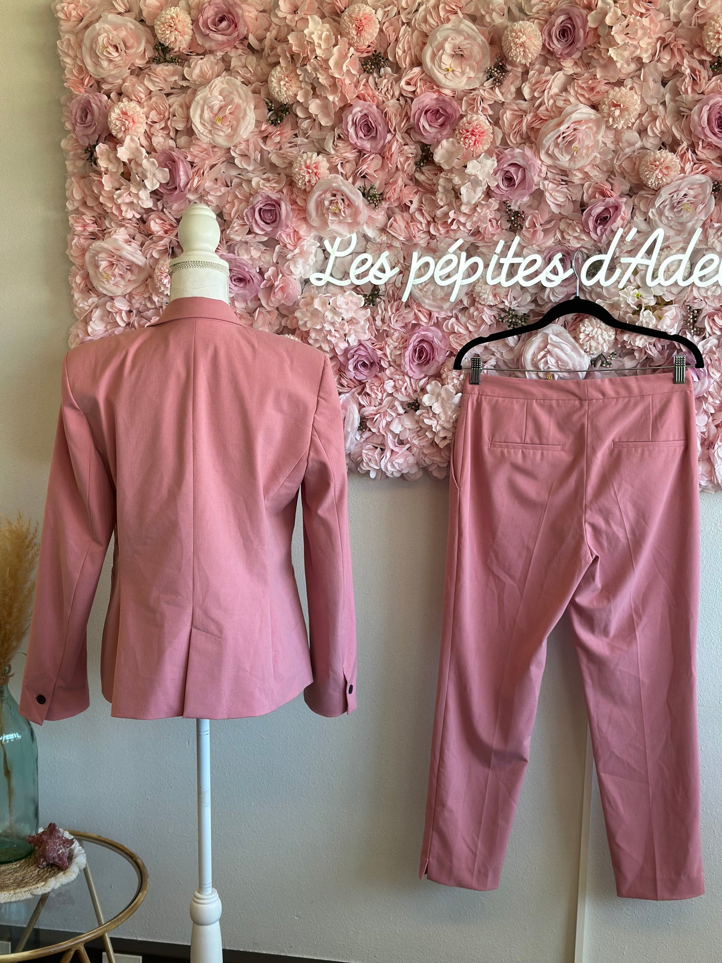 Ensemble de tailleur deux pièces blazer + pantalon rose clair T.38/40