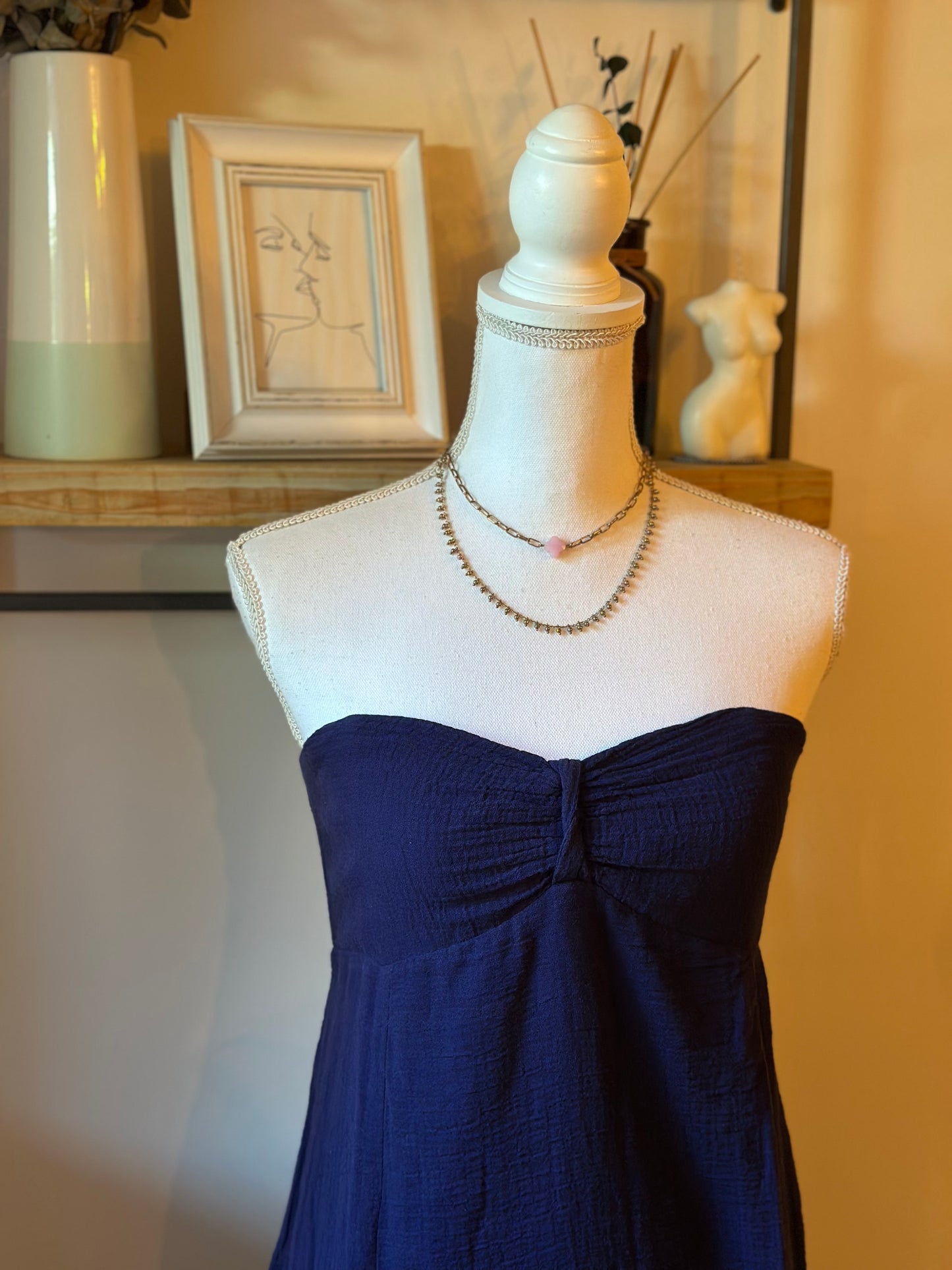 Robe longue bustier en gaze de coton bleu marine T.38