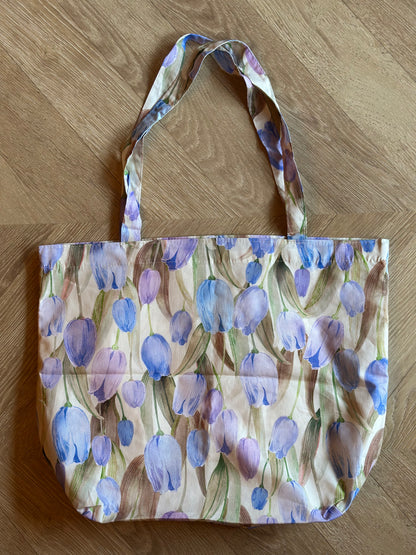 Sac tote bag en tissu imprimé de tulipes lila bleu neuf