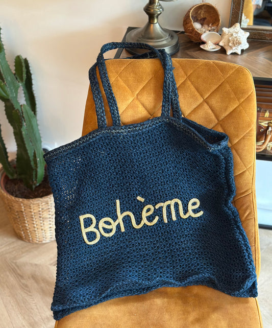 Sac cabas en jute bleu marine “Bohème” – anses cuir