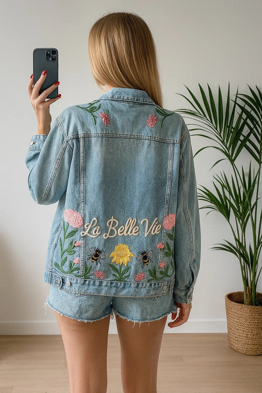 Veste en jean oversize brodée fleurs T.36