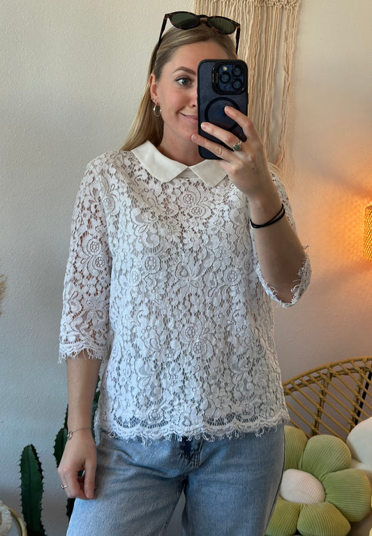 Blouse en dentelle blanche avec col Claudine, T.36