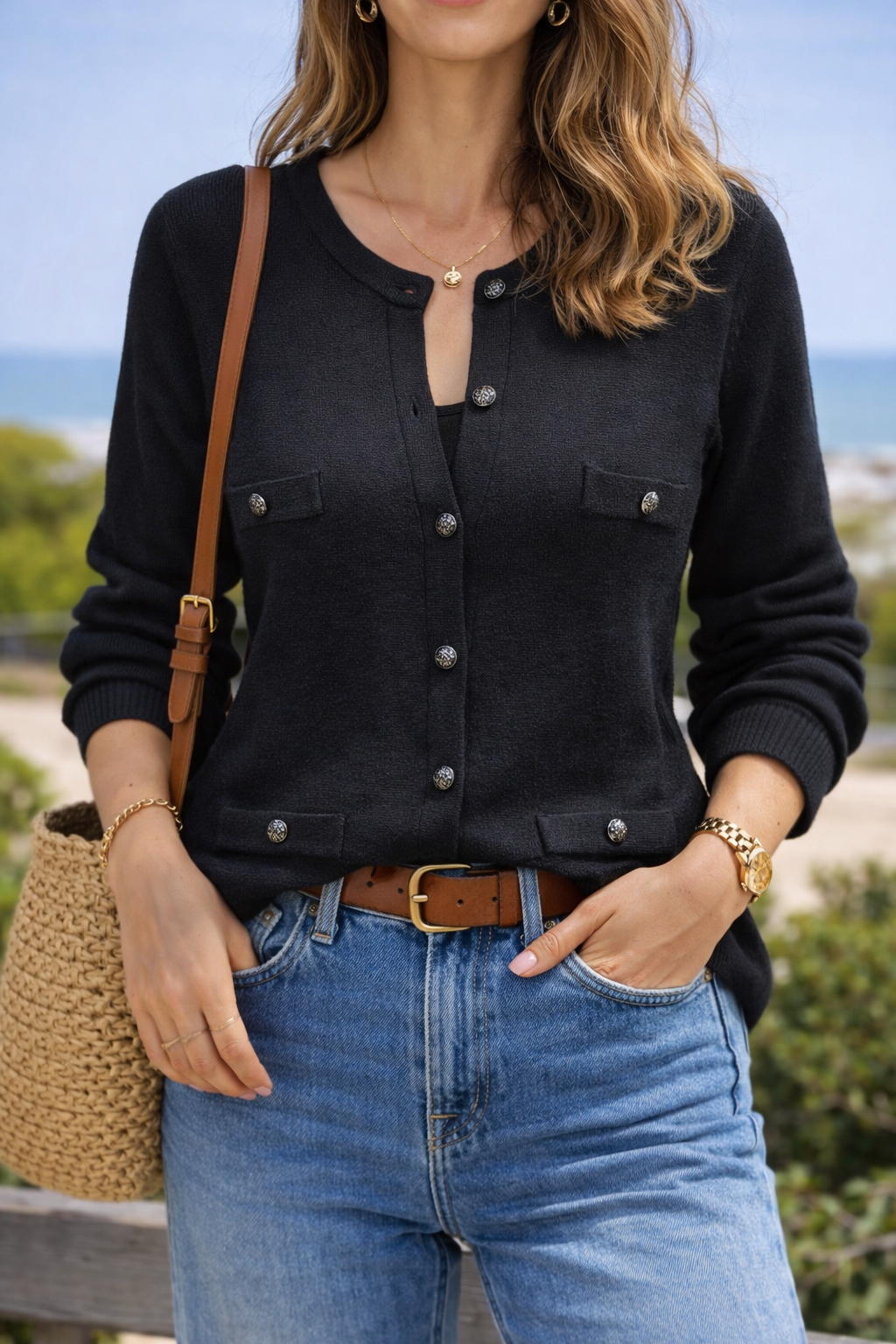 Cardigan noir boutons métal laine T.36