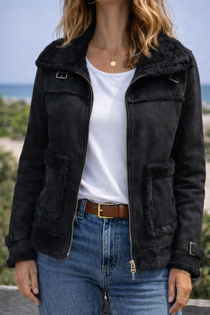 Veste aviateur en velours noir doublée T.34