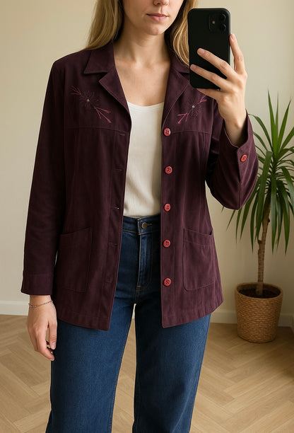 Veste vintage velours violine brodée – Taille 40/42 – Made in France