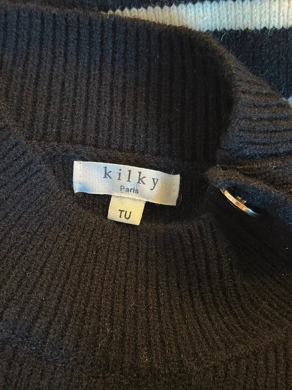Robe pull marinière noire et écrue boutons dorés laine T.U