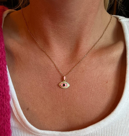Collier œil rose porte-bonheur – Doré en acier inoxydable Neuf