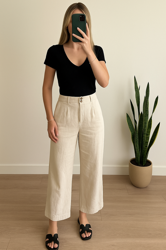 Pantalon crème en lin à jambes larges T.36