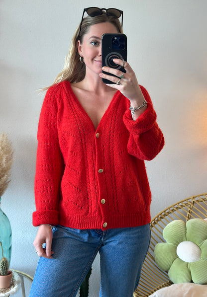 Cardigan en maille ajourée rouge mohair et laine T.U