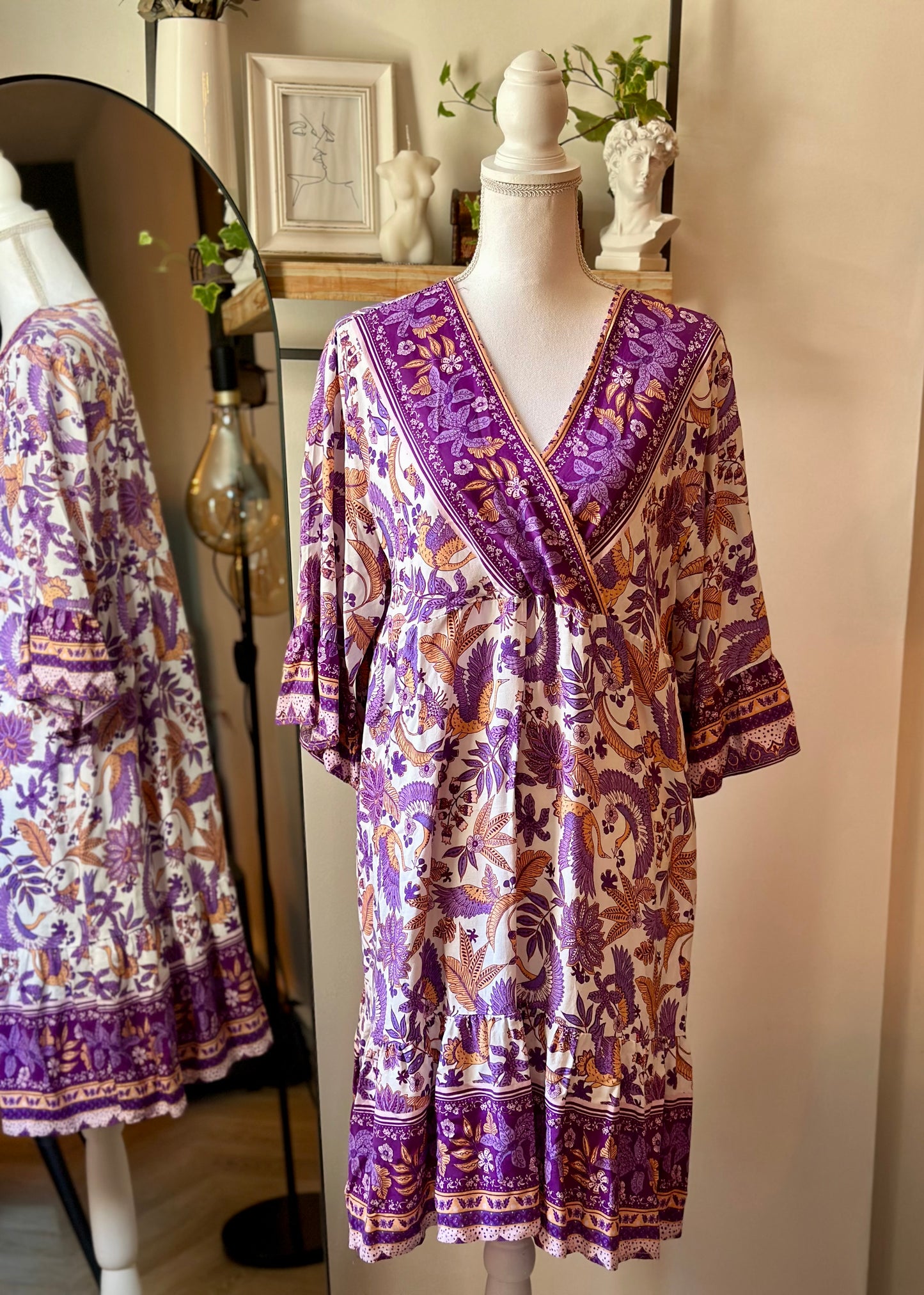Robe fluide bohème imprimé floral violet/orangé T.U