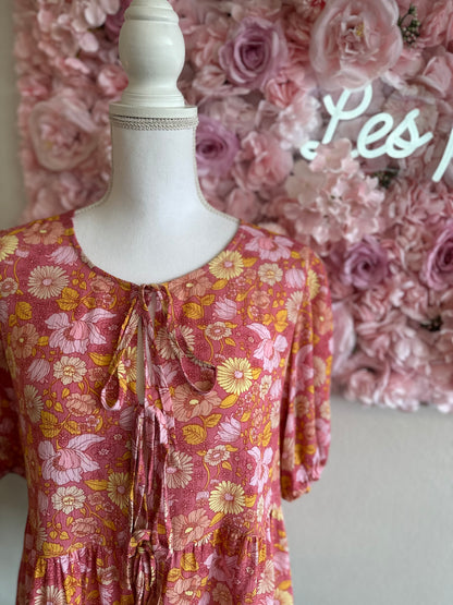 Blouse avec nœud, motifs fleuris rose orange, T.36/38