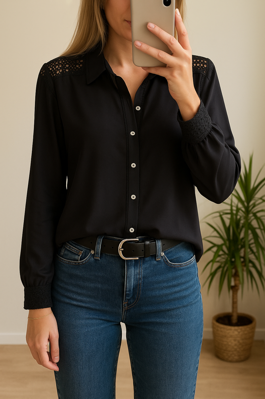 Chemise fluide noire détails dentelle T.38