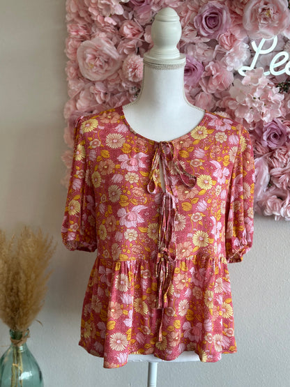 Blouse avec nœud, motifs fleuris rose orange, T.36/38