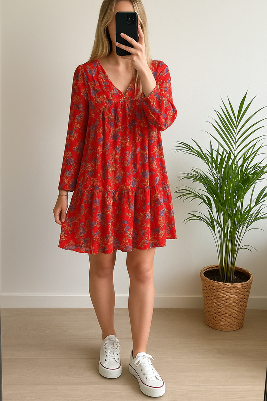 Robe fluide rouge fleurie T.38
