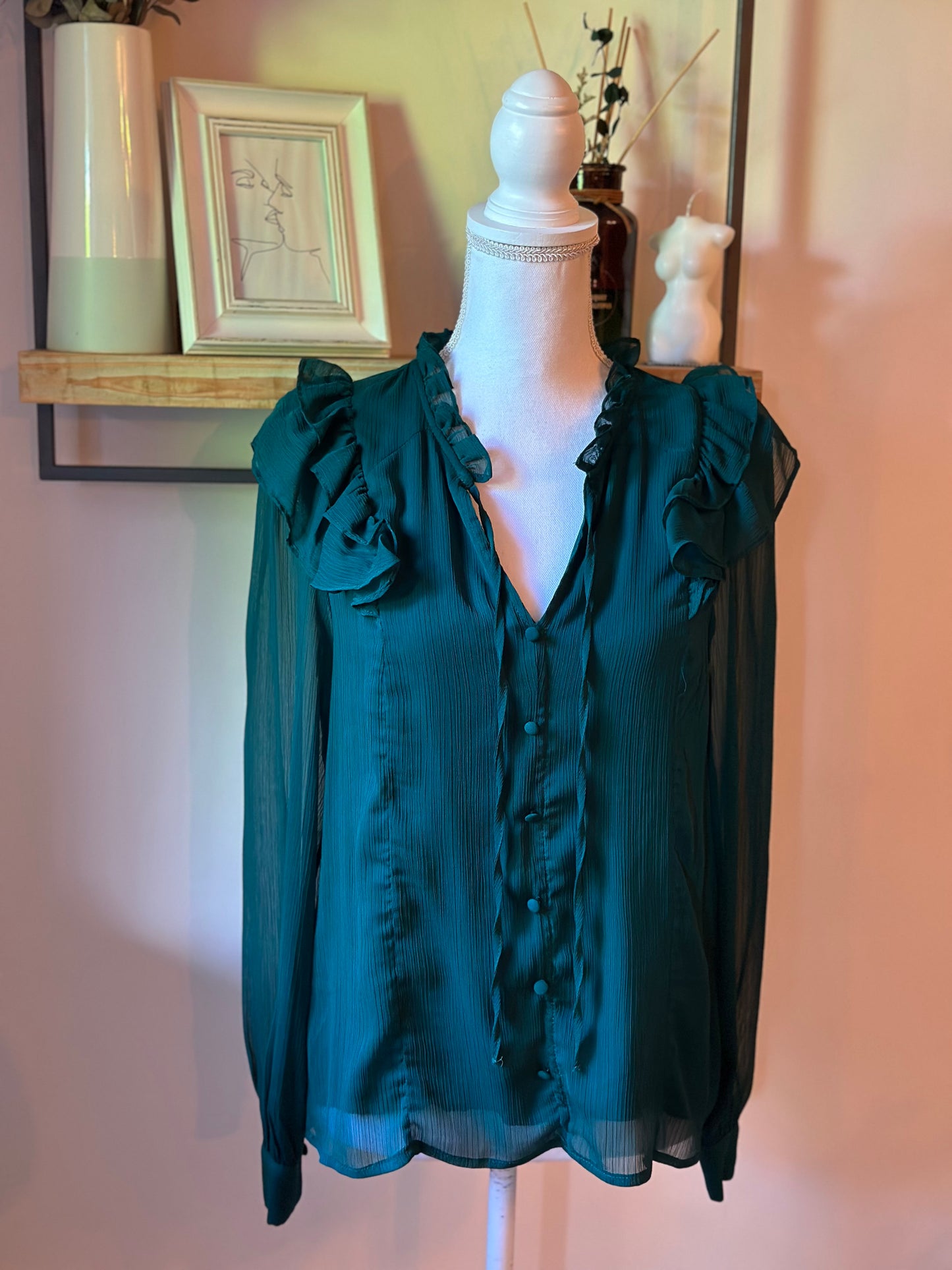 Blouse volantée vert sapin Nafnaf voile fluide T.38