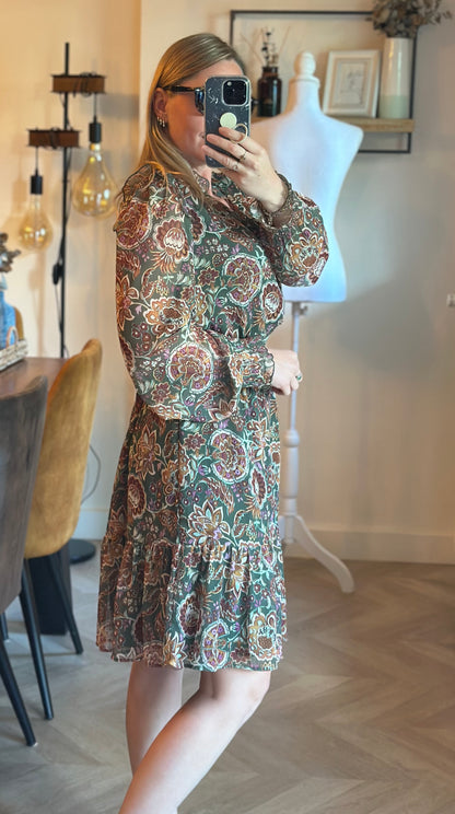 Robe courte imprimé bohème kaki T.40