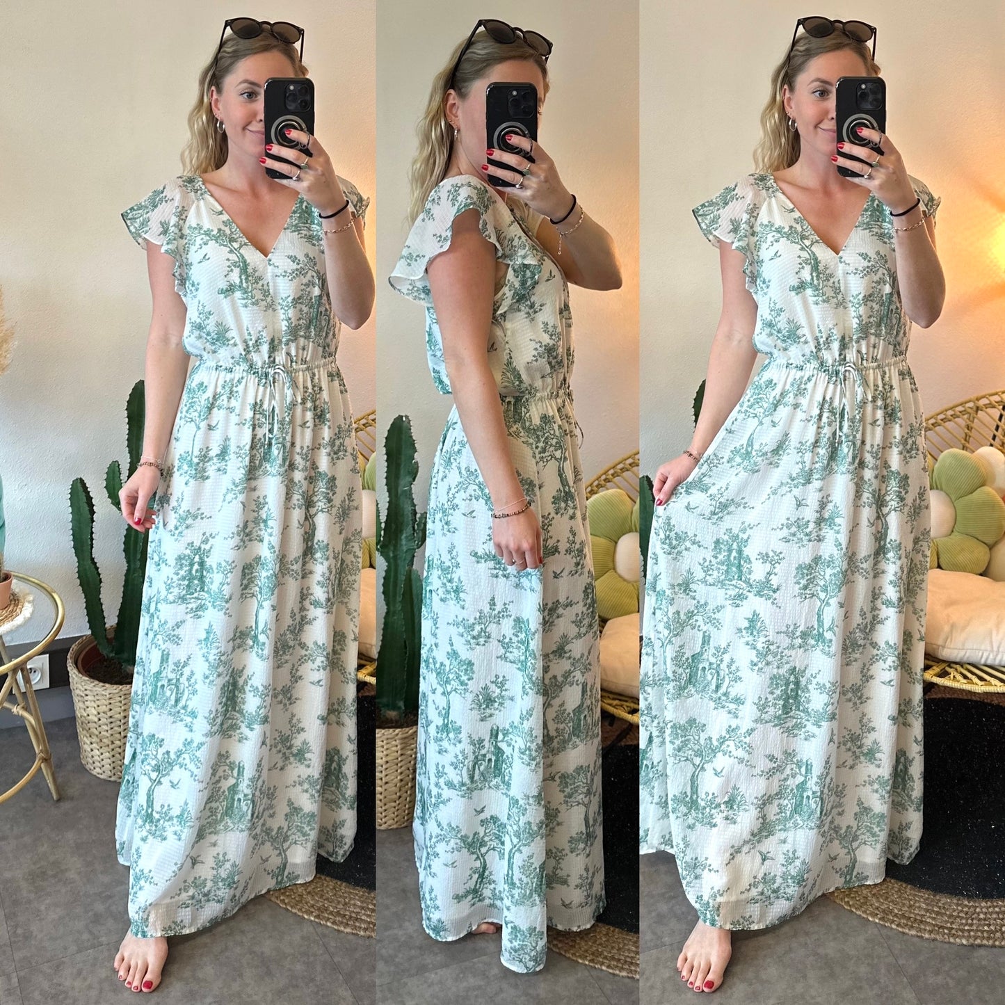 Robe longue à imprimé vert fleuri, T.36