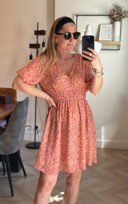 Robe midi fleurie col V smockée T.34