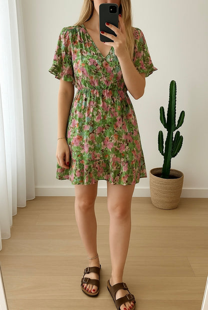 Robe d’été fleurie vert rose T.36
