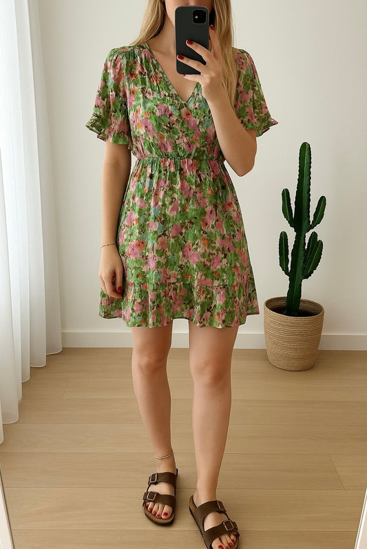Robe d’été fleurie vert rose T.36