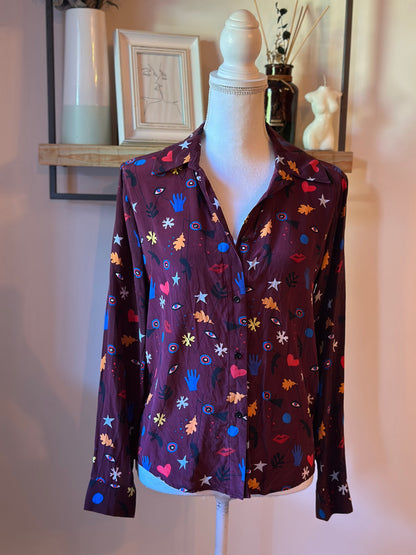 Chemise à motifs  imprimée en soie bordeaux multicolore T.36