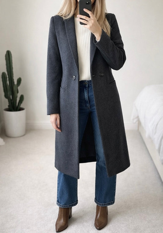 Manteau long croisé gris anthracite en laine T.34