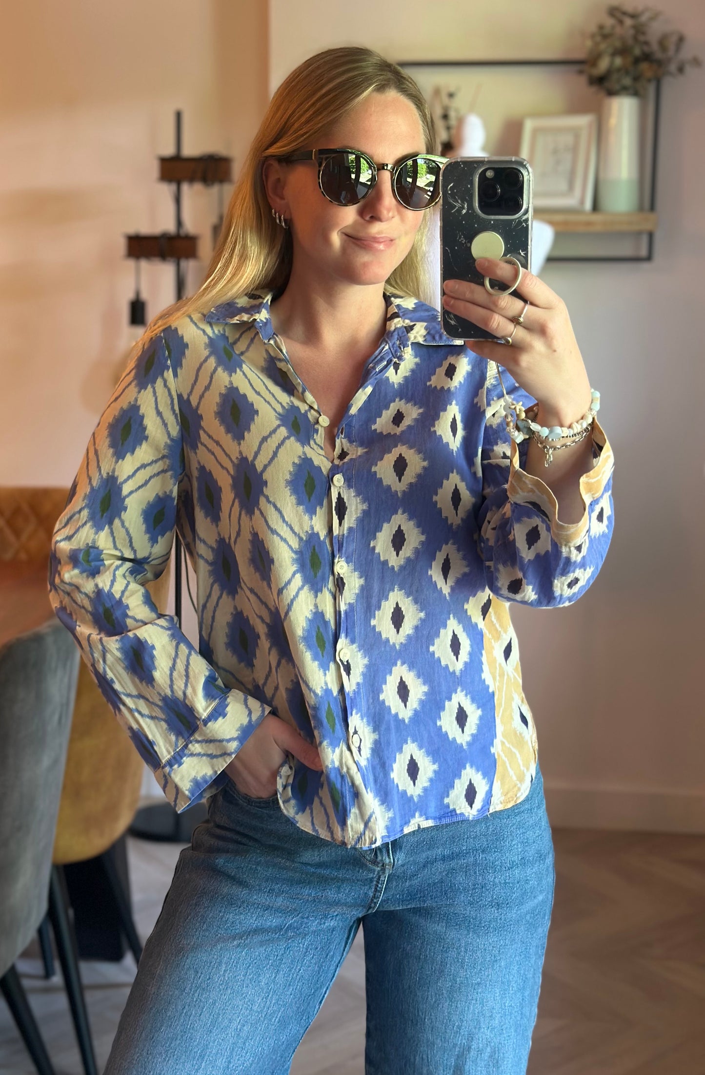 Chemise imprimé ethnique bleu & écru T.34