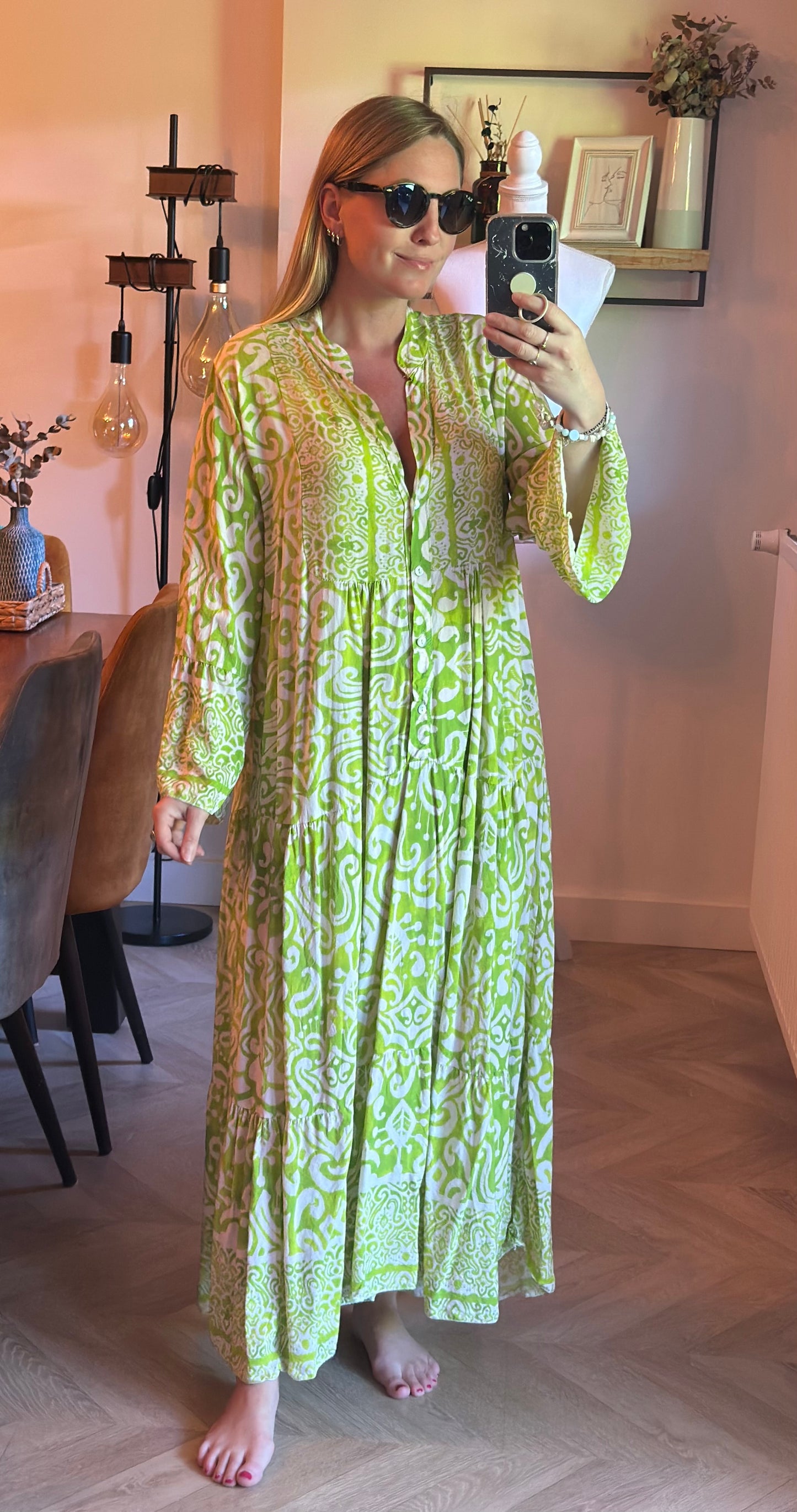 Robe longue bohème imprimé vert et blanc T.U
