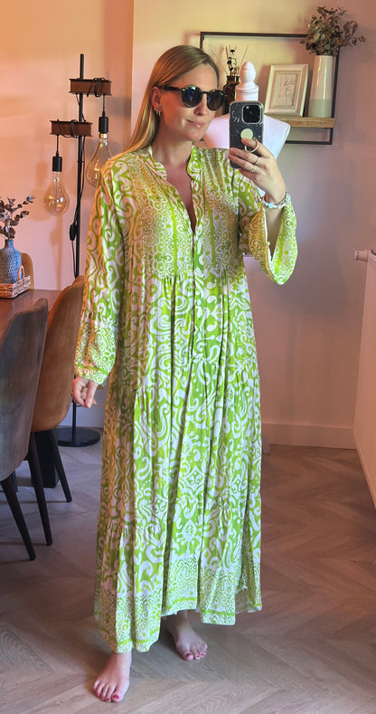 Robe longue bohème imprimé vert et blanc T.U