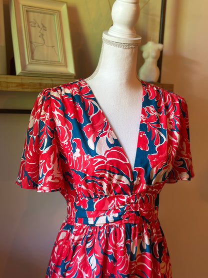 Robe fluide imprimé tropical rouge bleu T.38/40