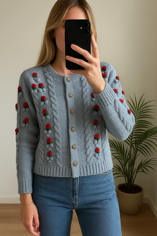 Pull vintage bleu brodé à fleurs (laine) T36