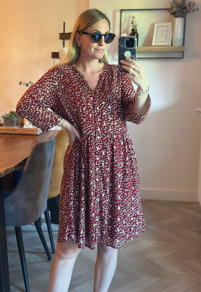 Robe fluide imprimé léopard bordeaux col V manches 3/4 T.42