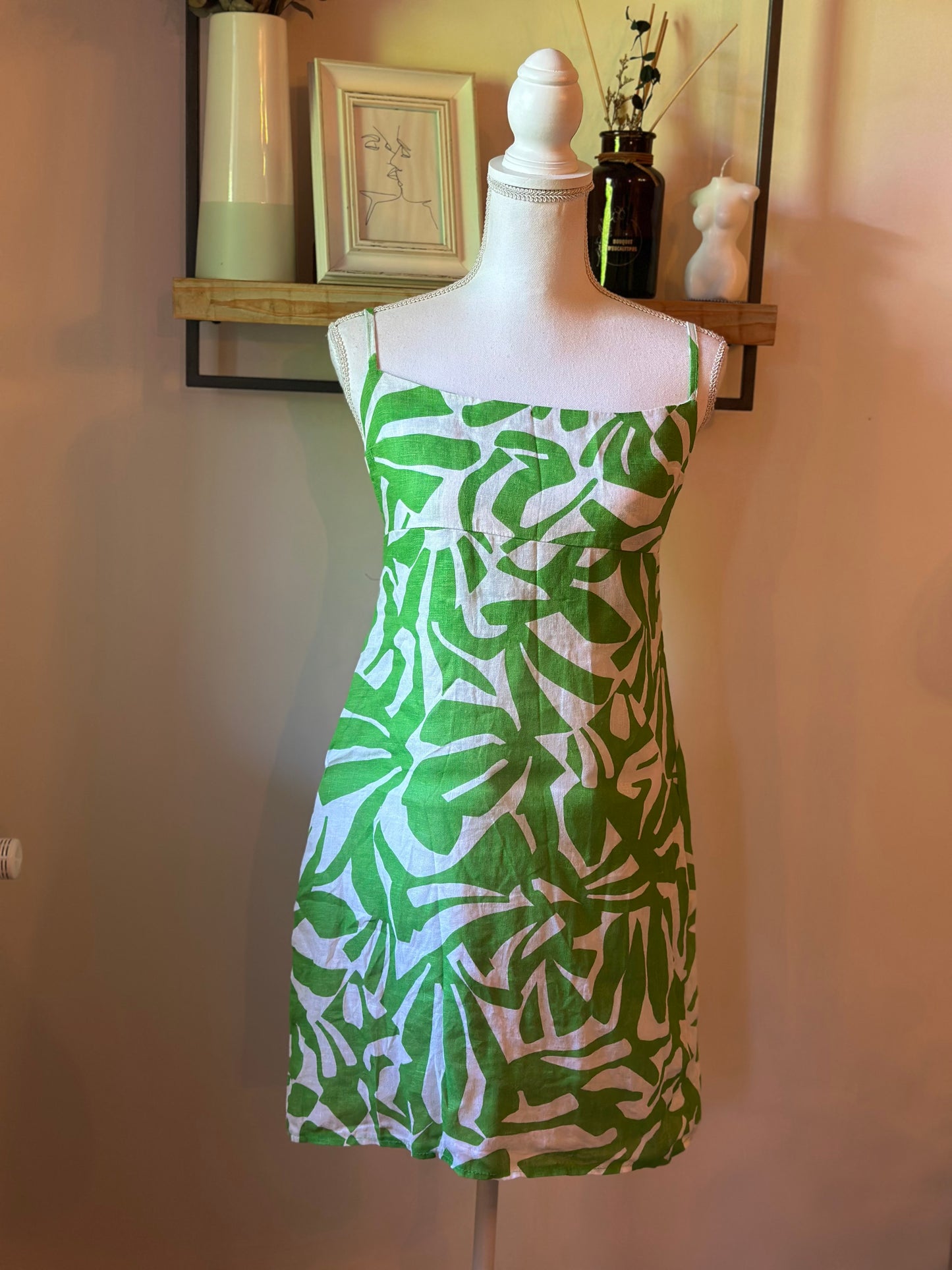 Robe dos nu imprimé tropical vert blanc en lin Made in Italy T.36