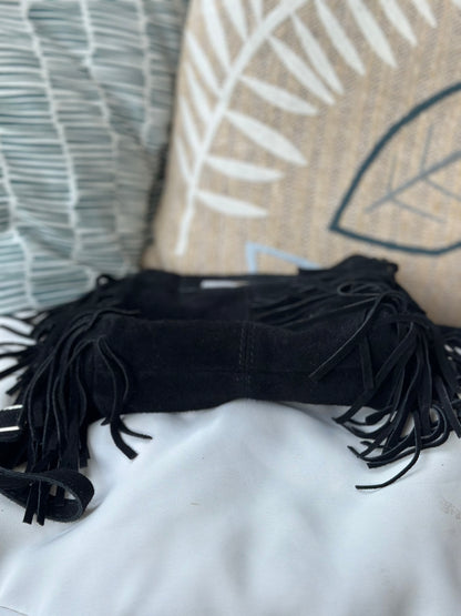 Sac à franges daim noir cuir Italie – bandoulière amovible