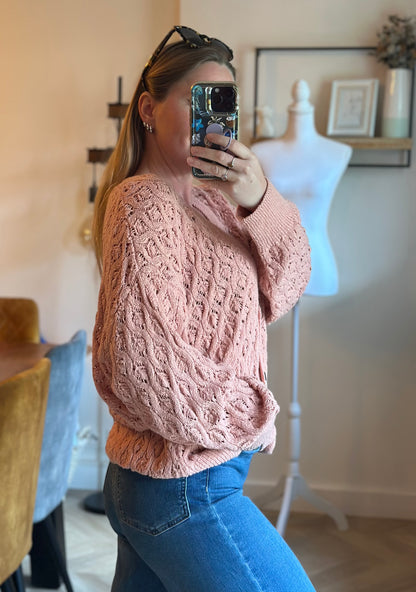 Gilet ajouré rose poudré en coton T.36 (coupe oversize)