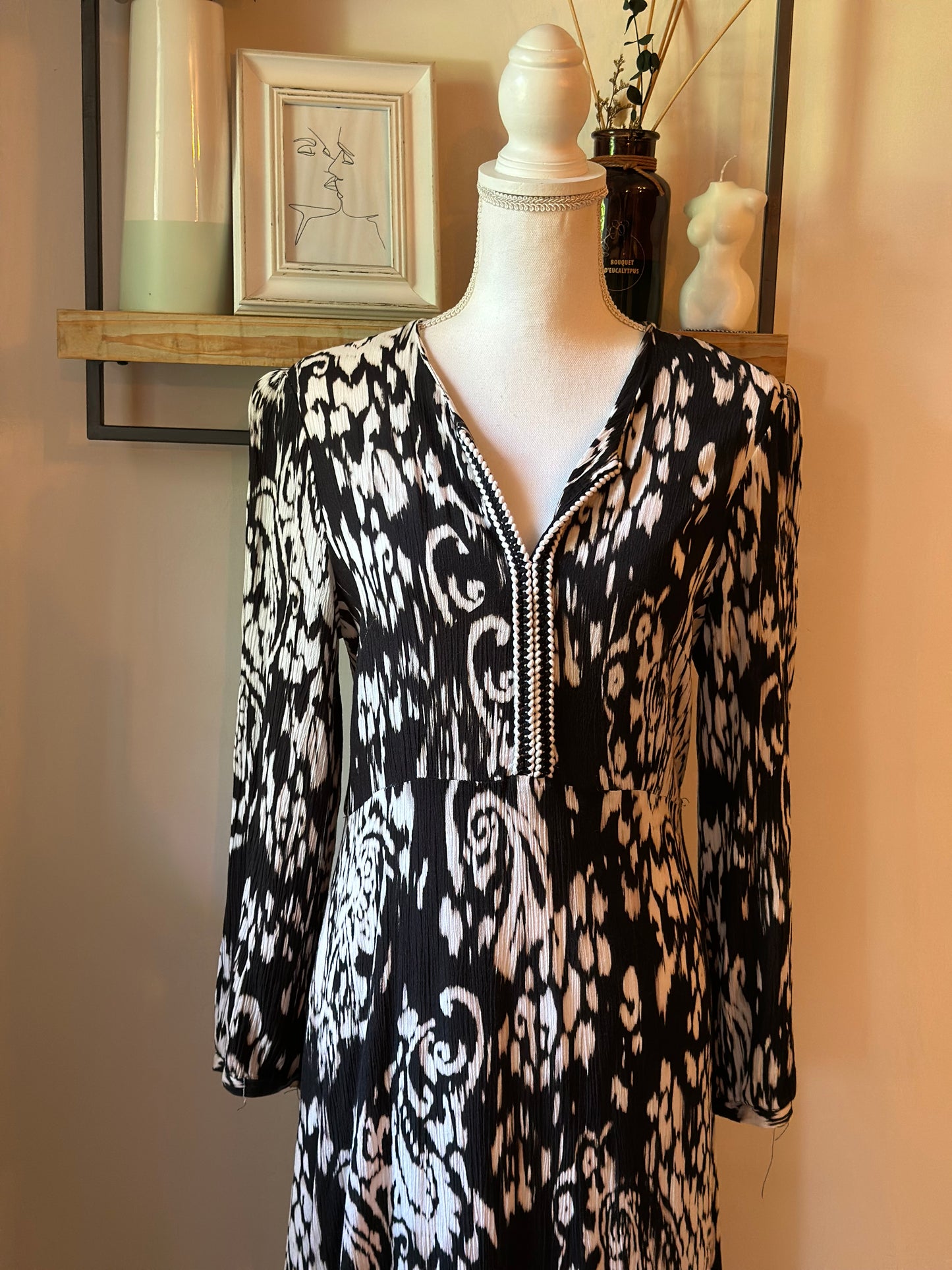 Robe longue imprimée noir et écru Made in France T.38/40