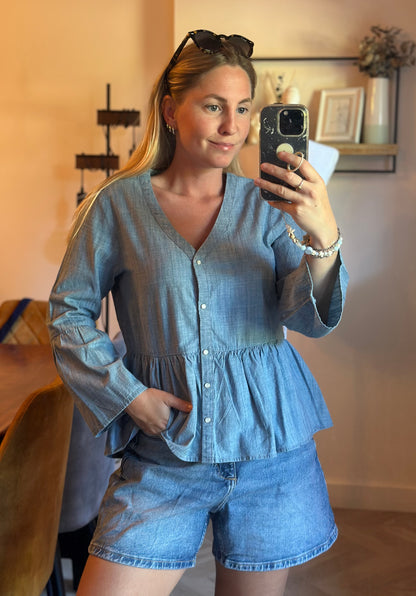 Blouse péplum en coton effet chambray T.34 neuve sans étiquette