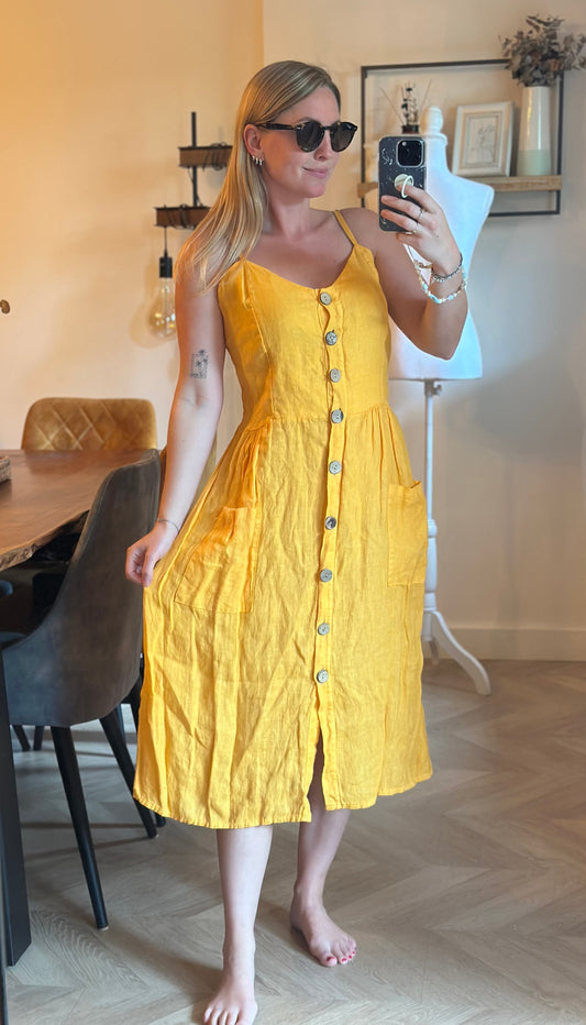 Robe midi jaune en lin boutons – T.38/40