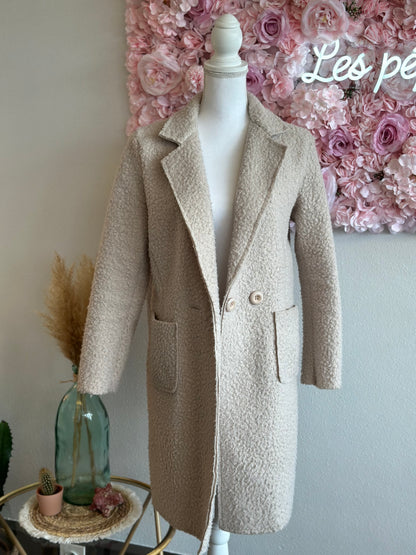 Manteau en bouclette teddy mi-long, couleur crème, T.36/38