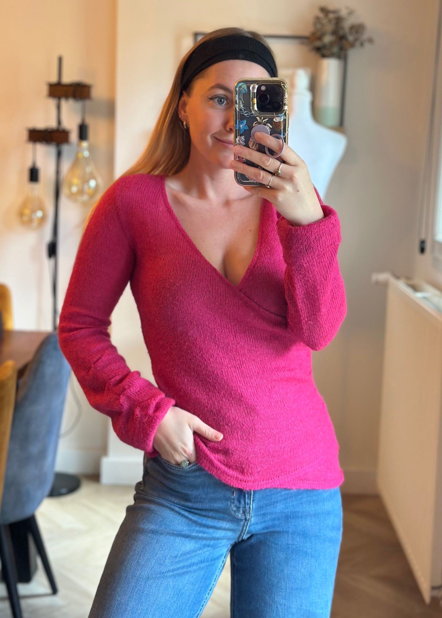 Pull maille fine mohair rose col cache-cœur T.36