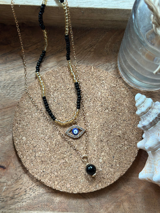 Collier 2 rangs doré style bohème avec pendentif œil protecteur