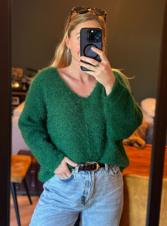 Pull en maille duveteuse douce vert sapin T.U